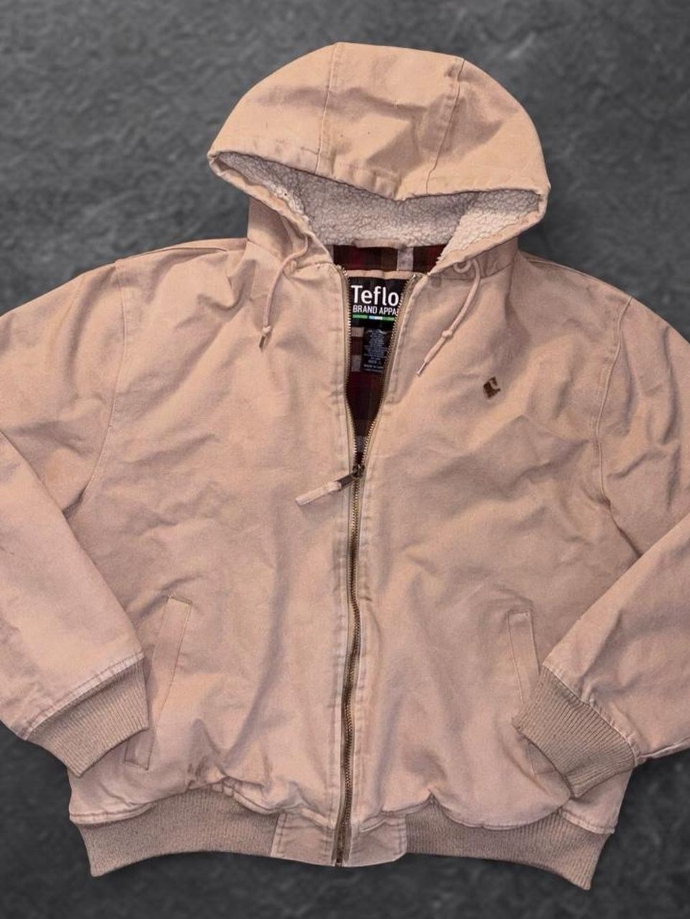 Vintage Men LG Teflon Heavy Canvas Utility Workwear Hooded Zip Up Jacket Tan